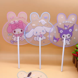 Long handled circular fan cartoon fan cute PP fan transparent frosted portable plastic fan student hand cranked fan