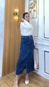 Sakaaboom Highwaist Rok Cargo Jeans Premium Bahan Stretchy Melar Pinggang Karet Kargo