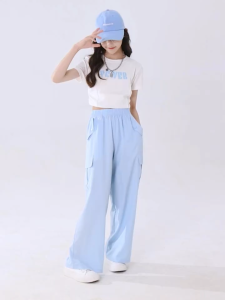 Pants for Kids Girls Ice Silk Cargo Pants for Kids Girls Wide Leg High Waisted Loose and Breathable Suitable for 7-13Years 【On Sale】
