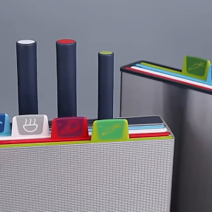 Set of 4 Matching Knives with Color-Coded Storage Boxes and Cutting Boards