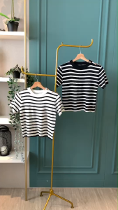 BL20906 Button Shoulder Stripe Knit Top
