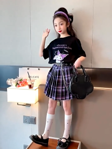 Sanrio Melody Kuromi T-shirt+JK Dress Plaid Skirt 2pcs Student Halloween Cosplay Party Costume kids