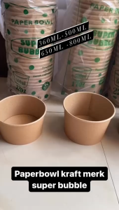 Paper Bowl KRAFT merk super bubble +LID / mangkok kertas 360/500/650/800ml motif coklat craft (dengan tutup) isi 25 pcs mangkok baso bakmi wadah sup pentol