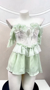 MIMI SHOP ชุดเดรส ชุดเดรสโชว์หลัง ชุดเดรสใส่นอน 🌜 กระโปรงหยักสั้น แต่งลูกไม้ M-1023