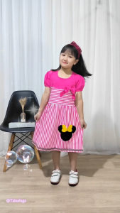 Baju Pakaian Anak Cewek Perempuan Dress Kaos Salur Usia Tanggung Umur 3 4 5 6 7 8 Tahun Bordir Mouse