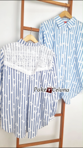 Kemeja Wanita Motif Salur Mix Brokat Jumbo Bahan Katun Atasan Terbaru Lengan Panjang