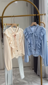 ECLAIRE 043 Kemeja Wanita Tie-neck Ruffle Longsleeves Korea Kasual Casual Classy Import bmli