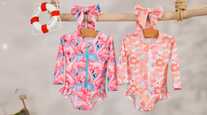 2PCS 6-36months Kids Girls Rash Guard Swimsuit Romper Flamingo/Flower Print Zipper Long Sleeve Sun Protection Bathing Suit with Headwear Local 2-3 Days Delivery