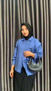Dera Blouse Wanita Polo Linen Lengan Panjang Busui Kerah Shanghai
