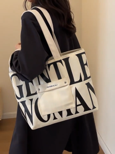 Large Capacity Zipper Canvas Shoulder Tote Bag Letter Color Art Fashion Shopping Bag / 大容量拉链帆布单肩手提包 字母撞色文艺大包时尚简约购物包包