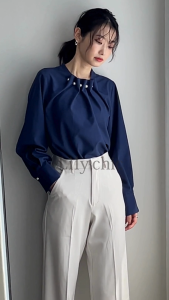 JJ Closet เสื้อเบลาส์แขนยาว ผู้หญิง ใส่ทำงาน สีพื้น ผ้าเบาสบาย จากญี่ปุ่น