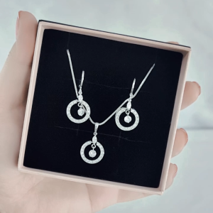 SO SEOUL Halo Open Circle Diamond Simulant Cubic Zirconia Hoop Earrings and Pendant Chain Necklace Jewelry Gift Set