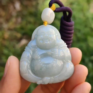 Light Green with green patches Natural Type A Jadeite Jade Pendant Necklace crafted as Laughing Buddha with certificate weigh 36.66 grams 40.3 * 37.5 * 15 mm (pendant165)