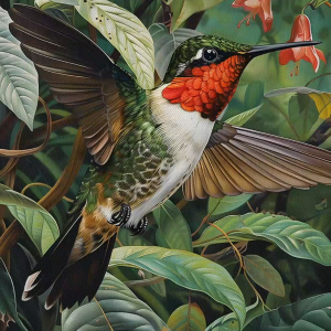 Tranh sơn dầu chim ruồi hút mật hoa trong rừngtranh treo tường dán tường.CGI-864