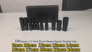 JLD 10PCS Impact Socket Set 1/2 Drive Deep Sockets 8mm-24mm CRV Metric Deep Socket Set