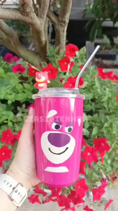 Ly Giữ Nhiệt Inox Hình Gấu Hồng StrawBerry 450Ml Kèm Ống Hút Inox