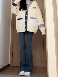 Oversize Sulaman Cardigan Sweater Jaket Mahasiswa Atasan Wanita Jumbo Baru Jahitan Longgar Rajut Warna Kontras