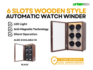 Elegant 6-Slot Automatic Wooden Watch Winder with 5-Speed Control Anti-Magnetic Design LED Lighting & Silent Operation