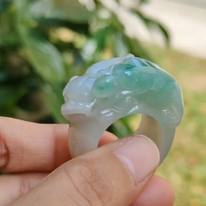 Rare Quality Light Green with White Natural Type A Jadeite Jade crafted with Pixiu and Ruyi as Ring certificate weigh 31.97 grams measurement 36.2 * 16 * 13 Finger size 19.5 mm (ring5)