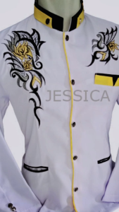 Baju koko jasko terbaru 2024 putih lis kerah hitam motif bunga lengan panjang