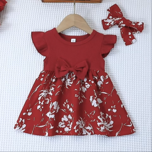 【Ready Stock Selangor】Baju Raya Baby Girl 0-24 Bulan | Gaun Kanak-Kanak Perempuan Cotton Floral Princess Short Sleeve - Warna Maroon/Emerald Green & Riben Headband | Dress Birthday Party Christening Formal