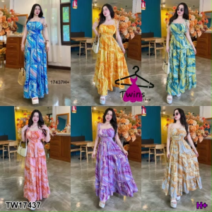 B17437 แม็กซี่เดรสสายเดี่ยวผูกไหล่ พิมลายหินอ่อน One-shoulder maxi dress in marble print