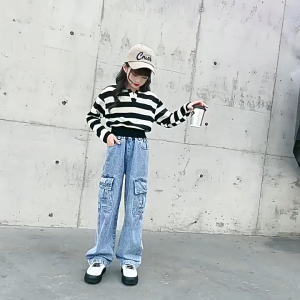 Jeans for Kids Girls Cargo Pants for Kids Girls Wide Leg Pants High Waisted Loose and Breathable Suitable for 130-160cm