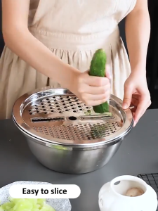 3 in1 multifunctional stainless steel basin 10inch for water washing vegetable washing rice washing Cold Salad Bowl kitchen large household basin with Grater Drainer Mixing Bowl Set Cutter Drain Basket Strainer Vegetables Tools Easy to Use and Clean