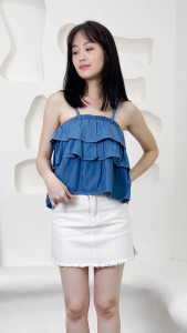 QUEENTIN Tanktop Wanita Ruffle 0661 Baby Denim Jeans Tanpa Lengan