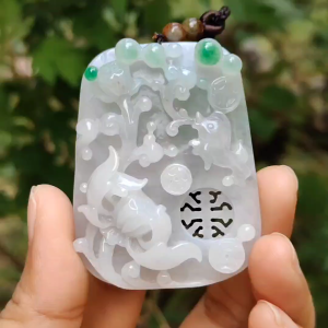 Old school hollow style Green and White Natural Type A Jadeite Jade crafted with flowers and coins as a pendant necklace with certificate weigh 41.56 grams measurement 56.3 * 43.2 * 11.8 mm (pendant204)