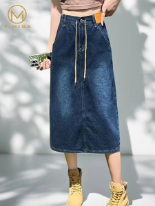 F·MIGA C153 HighWaist Korean 3/4 A-Line Rok Midi Denim Jeans Wanita - Biru Tua