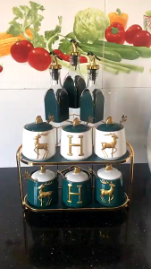 Bộ gia vị sứ xanh hình hươu cao cấp