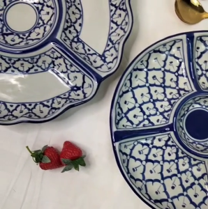 ถาดออเดิร์ฟ 5 หลุม ลายสับปะรด size 10.5นิ้ว 12นิ้ว จานหลุม จานออเดิร์ฟ จานเซรามิค จานหลุมสวยๆ