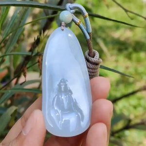 Crafted as the faceless buddha Semi Icy Natural Type A Jadeite Pendant Necklace with certificate weigh 14.03 grams 58 * 26 * 4.9 mm suitable for daily wear