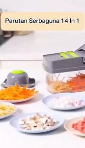 Parutan Serbaguna 14 In 1 / Vegetable Fruit Slicer Alat Pengiris Buah Sayur Garnis Wortel Kentang Timun Bawang Bumbu Rempah Serbaguna / Pisau Parut Bentuk Persegi Panjang Dadu Bunga Gelombang Dengan Wadah Keranjang + Saringan Telur Praktis Multifungsi