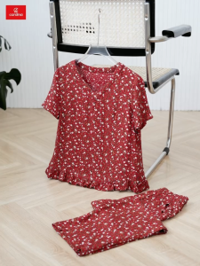 Bộ đồ nữ CARDINA chất liệu lanh thoáng mát quần suông tay cộc gấu bèo hoạ tiết tươi sáng trẻ trung 4BLD01