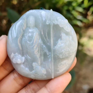 High Quality Light Green Hue Natural Type A Jadeite Jade crafted with Ksitigarbha Bodhisattva as Pendant certificate weighs 70.75 grams measurement 54.6 * 54.6 * 12.6 mm (pendant232)
