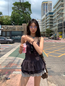 ❣Fortunee ❣ ชุดเดรชมินิสายเดี่ยวสั้น สไตล์สาวหวานเปรี้ยว ทันสมัยเป็นชั้นๆ สไตล์วิเทจ  ทรงสวย