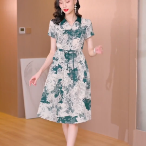 🌟CORE🌟dresses women new style 2025 New Printed Shirt Dress for Women Summer Short Sleeved Slim Fit A-line Dress Casual Midi Dress