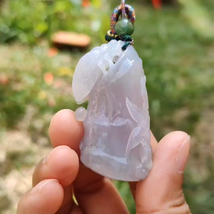 Lavender with little light green Natural Type A Jadeite Jade crafted as Bamboo and Bee as a Pendant certificate weigh 33.64 grams measurement 49.7 * 25.1 * 13.2 mm (pendant199)