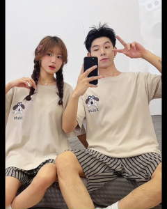 Sleepsway 91802 ชุดนอนแบบเซ็ตคู่ขาสั้น ลายทางรูปน้องหมา ผ้าใส่สบายชิว