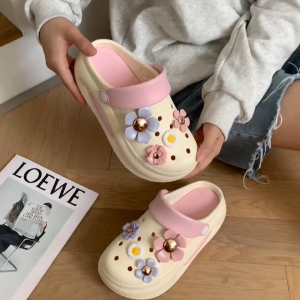 JM-PPF รองเท้าหัวโตแฟชั่น แถมตัวติดดอกไม้ ส้นสูง6-7 เซน รองเท้าหัวโตผู้หญิง สวมรัดส้น วัสดุ EVA พื้นรองเท้าถอดได้