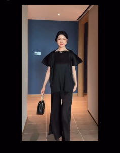 Set Áo tay phồng và quần lửng chất vải thun lò xo dập ly cao cấp thiết kế phom dáng rộng sang trọng - 55kg.Linh