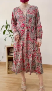 ●ECLAIRE● 003 Dress Midi Lengan Panjang Longsleeves Leher tinggi Bordir Embroidered Paisley CNY Imlek Lunar Pesta Kondangan Vintage Classy Resmi Formal Import 57740