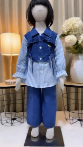 Setelan Jeans Anak Perempuan Import Stripe Salur Celana Cargo Usia 3 - 10 Tahun Set Jumbo Anak Kekinian Korean Style Set Anak Tangung Set Anak 3 in 1 - COD