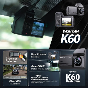 [FREE WIRE KIT] Kamatto Dashcam K60 2K 1440P Ultra HD Parking Surveillance Car Recorder With Screen