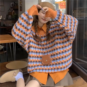 Retro Sweater Rajut Atasan Wanita Terbaru Aestetic Round Neck Pullover Knitwear Lengan Panjang Korean Style Fashion Kasual Loose Sweter