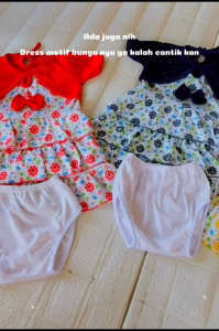Baju Bayi Perempuan Model Dress 3-15 Bulan Bordir Manik Pita Motif Bunga Pakaian Bayi Cewek Set Celana Dalam Warna Merah Navy Kuning