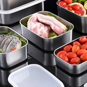 Inox 304 Bộ 3 Hộp (3000+1800+1000ml)Giữ Tươi Thực Phẩm Loại dày Nắp dẻo kín Bảo Quản Thức Ăn Tủ Lạnh