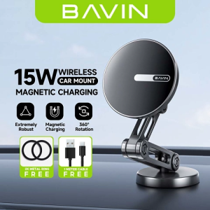 BAVIN PS66 15W Strong Magnetic Wireless Car Charger Foldable Metal Phone Holder Stand 360° Rotation w/ 2x Magnetic Ring